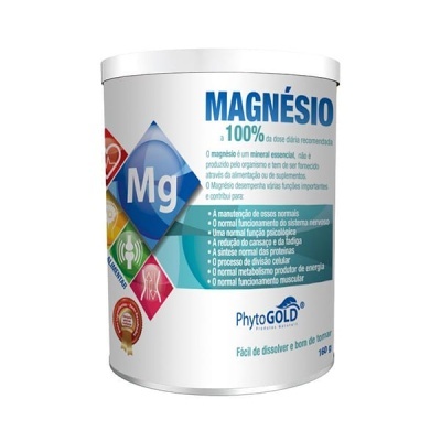 Lata branca de suplemento MAGNÉSIO da PhytoGOLD com texto informativo e ícones coloridos.