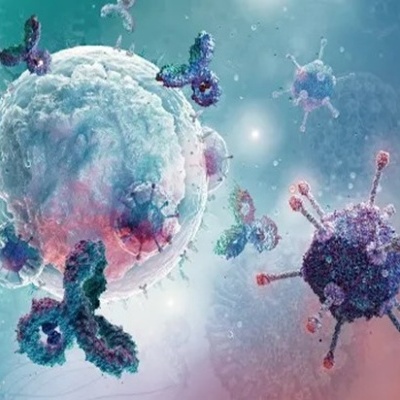 Representação digital colorida de células e vírus em tons de azul e roxo.