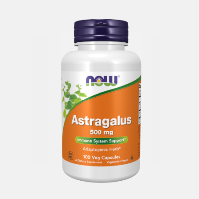 Frasco branco de suplemento de Astragalus 500 mg com rótulo laranja e tampa roxa