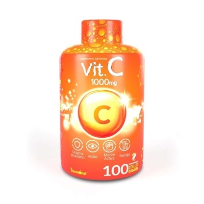 Frasco laranja de suplemento Vit. C 1000mg com 120 comprimidos