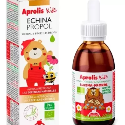 Aprolis Kids Echina Propol embalagem e frasco conta-gotas com urso e abelha ilustrados