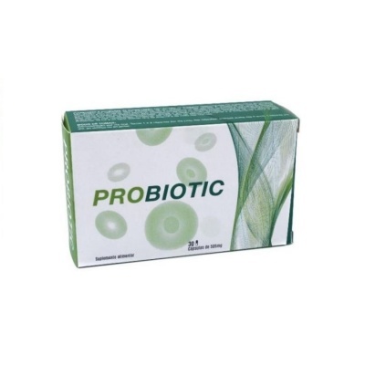 Caixa de suplemento alimentar Probiotic branco e verde com design abstrato