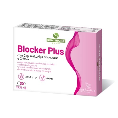 Caixa branca e rosa de suplemento alimentar Blocker Plus com texto em português.