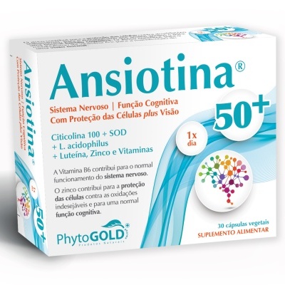 Caixa de suplemento alimentar Ansiotina 50+, branco com azul e texto colorido