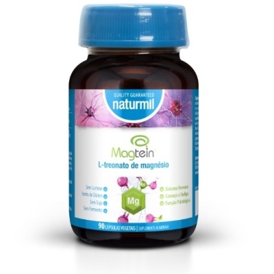 Frasco de suplemento Magtein L-treonata de magnésio com tampa azul e rótulo branco e azul