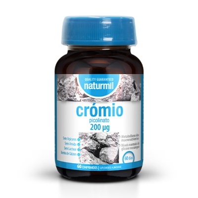 frasco de suplemento alimentar cromio picolinato da Naturmil com rótulo azul e branco