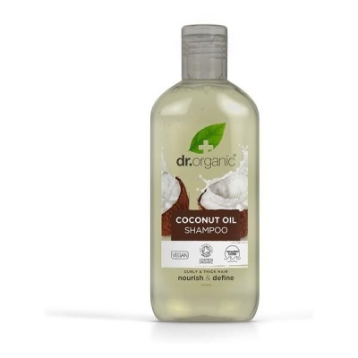 Frasco de champô óleo de coco dr.organic com rótulo e tampa cinza