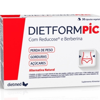 Embalagem de suplemento DIETFORM PIC com texto indicativo e design predominantemente branco e vermelho