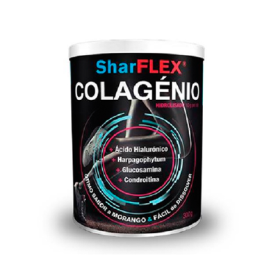 Embalagem preta de suplemento nutricional SharFLEX Colagénio sabor Morango