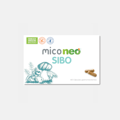 Embalagem branca de suplemento alimentar mico neo SIBO com desenho de cogumelos