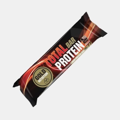 Barra proteica embalada com design preto, vermelho e branco