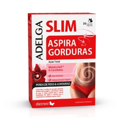 Embalagem vermelha e branca de suplemento alimentar Adelega Slim Aspira Gorduras com texto e imagem de corpo feminino