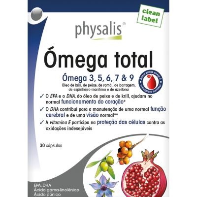 Caixa de suplemento Physalis Ómega total com ilustrações de óleo de krill, peixe, romã, borragem, espinheiro-marítimo e azeitona