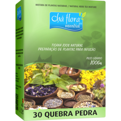 Caixa verde de tisana Chá Flora Mundial com plantas e texto 30 QUEBRA PEDRA.