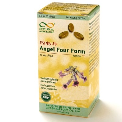 Caixa amarela e verde de suplemento alimentar Angel Four Form da Green Nature com comprimidos e flores ilustradas.
