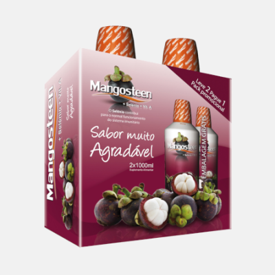 Pack Mangosteen suplemento alimentar com duas embalagens cor rosa-escuro e imagens de mangostão