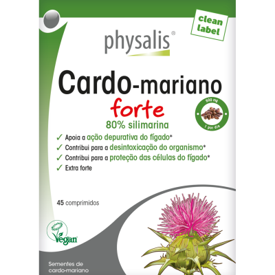 Embalagem de comprimidos Cardo-mariano forte physalis com imagem de cardo e selo vegan