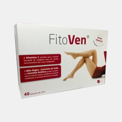 Embalagem branca do produto FitoVen com texto vermelho e preto e imagem de pernas femininas