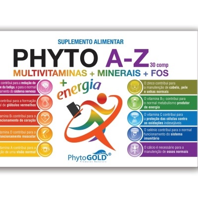 Embalagem branca de suplemento Phyto A-Z multivitaminas e minerais colorida
