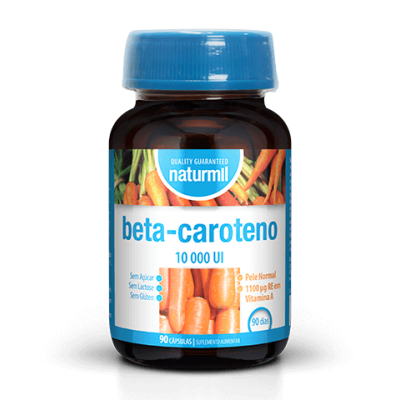 frasco de suplemento beta-caroteno 10 000 UI com tampa azul e rótulo branco e azul