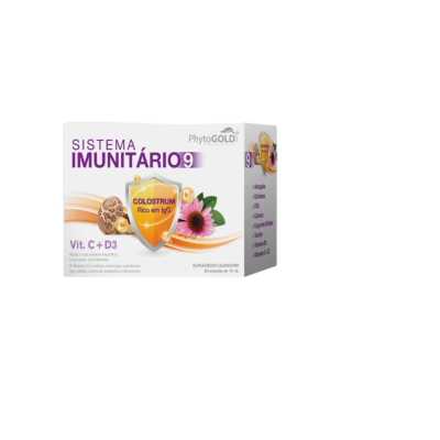 Embalagem branca de suplemento alimentar PhytoGold com texto Sistema Imunitário 9 e ilustração de mel e flor