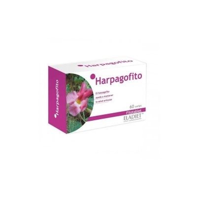 Caixa do suplemento Harpagofito com imagem de flor rosa e texto em espanhol