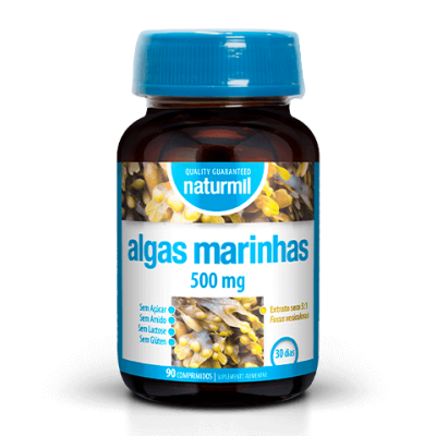 frasco de suplementos algas marinhas 500 mg Naturmil com tampa azul