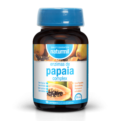 frasco de comprimidos de enzimas de papaia Naturmil com tampa azul