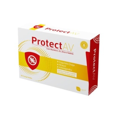 Caixa de comprimidos Protect AV, branca com amarelo e vermelho, com escudo e texto de ingredientes e quantidade.