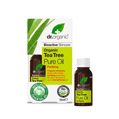 Frasco de óleo puro de tea tree orgânico dr.organic com embalagem branca e verde