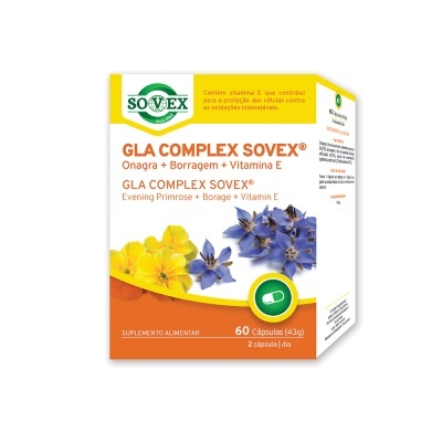 Embalagem de suplemento GLA Complex Sovex com flores amarelas e azuis