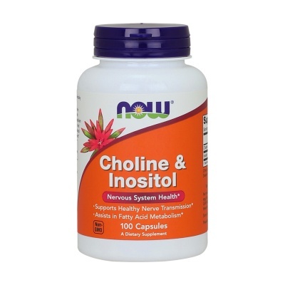 Frasco de suplemento NOW Choline & Inositol com rótulo laranja e tampa roxa