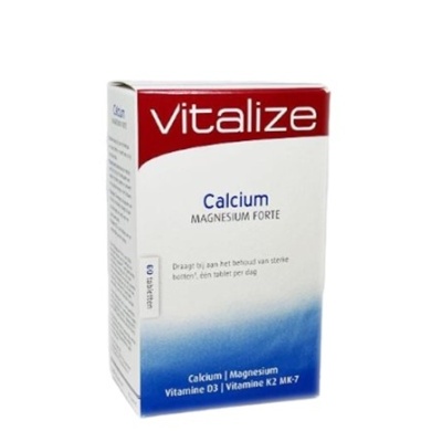 Embalagem do suplemento Vitalize Calcium Magnesium Forte em vermelho, branco e azul.