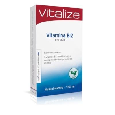 Embalagem de suplemento Vitalize Vitamina B12 com cores vermelho, branco e azul
