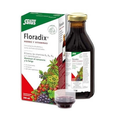 Suplemento alimentar Floradix em embalagem de 250 ml com frasco de vidro castanho e copo medidor