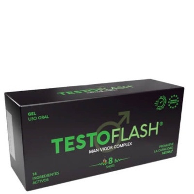 Caixa preta de gel oral TESTOFLASH com texto verde e branco