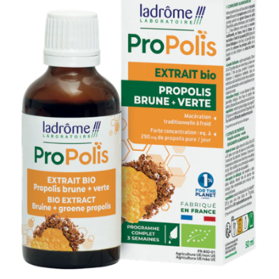 Frasco e caixa de extrato biológico de própolis castanha e verde da marca Ladrôme.