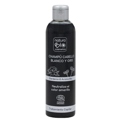 Frasco preto de champô Natura Bio para cabelo branco e grisalho