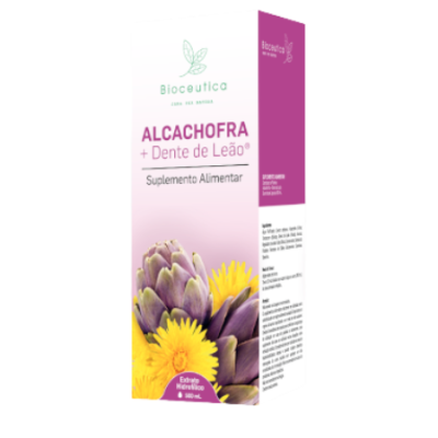 Embalagem de suplemento alimentar Alcachofra + Dente de Leão da Bioceutica com imagens de plantas