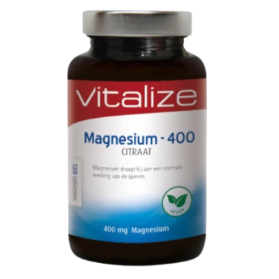 Frasco de suplemento Vitalize Magnesium - 400 Citrato com rótulo branco, azul e vermelho