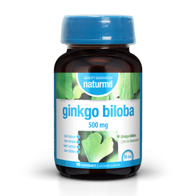 Frasco de suplemento Naturmil Ginkgo Biloba 500 mg com tampa azul e rótulo branco e verde