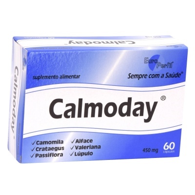 Embalagem azul e branca de suplemento Calmoday com 60 cápsulas