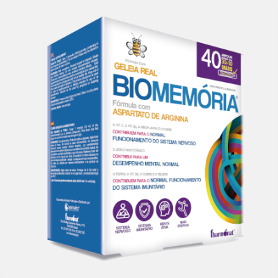 Embalaem de suplemento alimentar BIOMEMÓRIA com 40 ampolas e design colorido