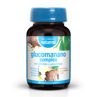 Frasco de suplemento glucomanano complex naturmil com rótulo azul e branco