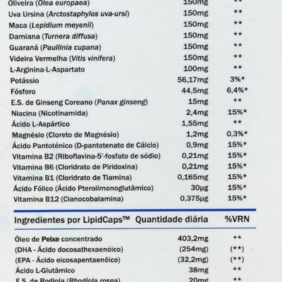 Etiqueta com composição técnica e modo de tomar suplemento alimentar