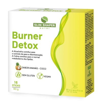 Caixa branca e verde do suplemento Slim Shaper Nutri Burner Detox sabor ananás-coco sem glúten e vegan