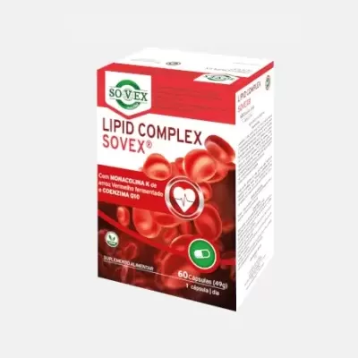 Embalagem vermelha e branca do suplemento Lipid Complex Sovex com glóbulos vermelhos e informação dos ingredientes