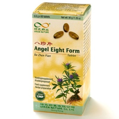 Caixa de comprimidos Angel Eight Form da Green Nature com ilustração de planta e textos em várias línguas