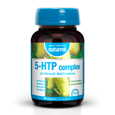 Frasco de suplemento 5-HTP complex Naturmil com texto em português no rótulo.