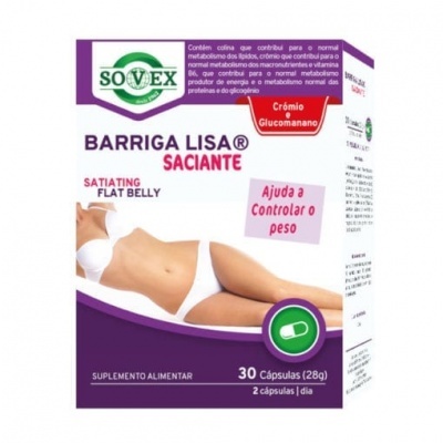 Embalagem do suplemento alimentar Sovex Barriga Lisa Saciante com imagem de mulher de lingerie branca e cápsula verde